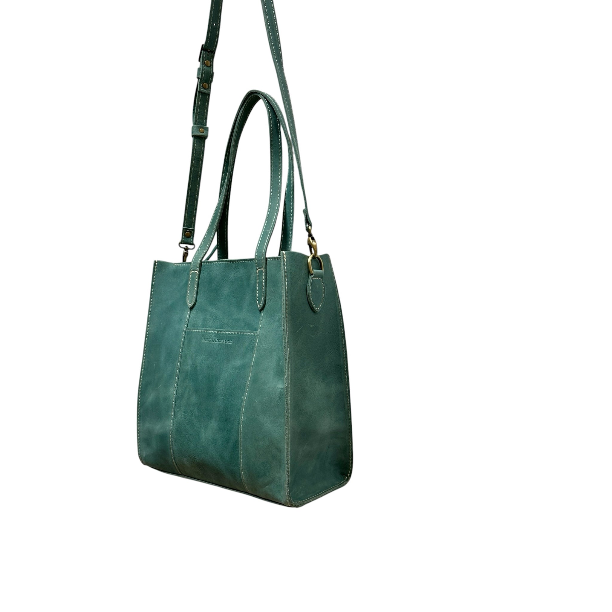 Portland Leather Distressed Aqua Large Lola Zipper Crossbody Tote Bag