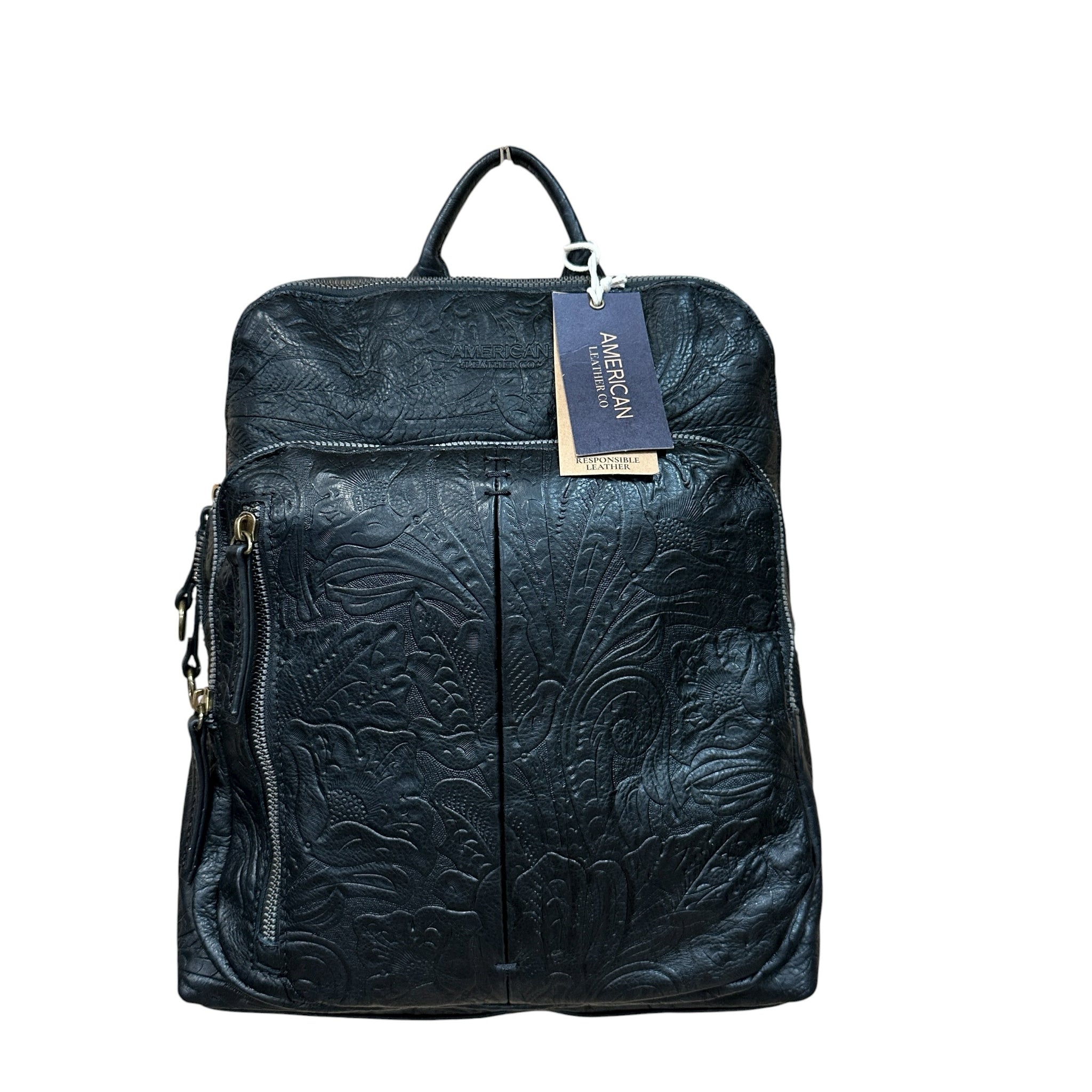 American Leather Black Tooled "Cleveland" Leather Backpack
