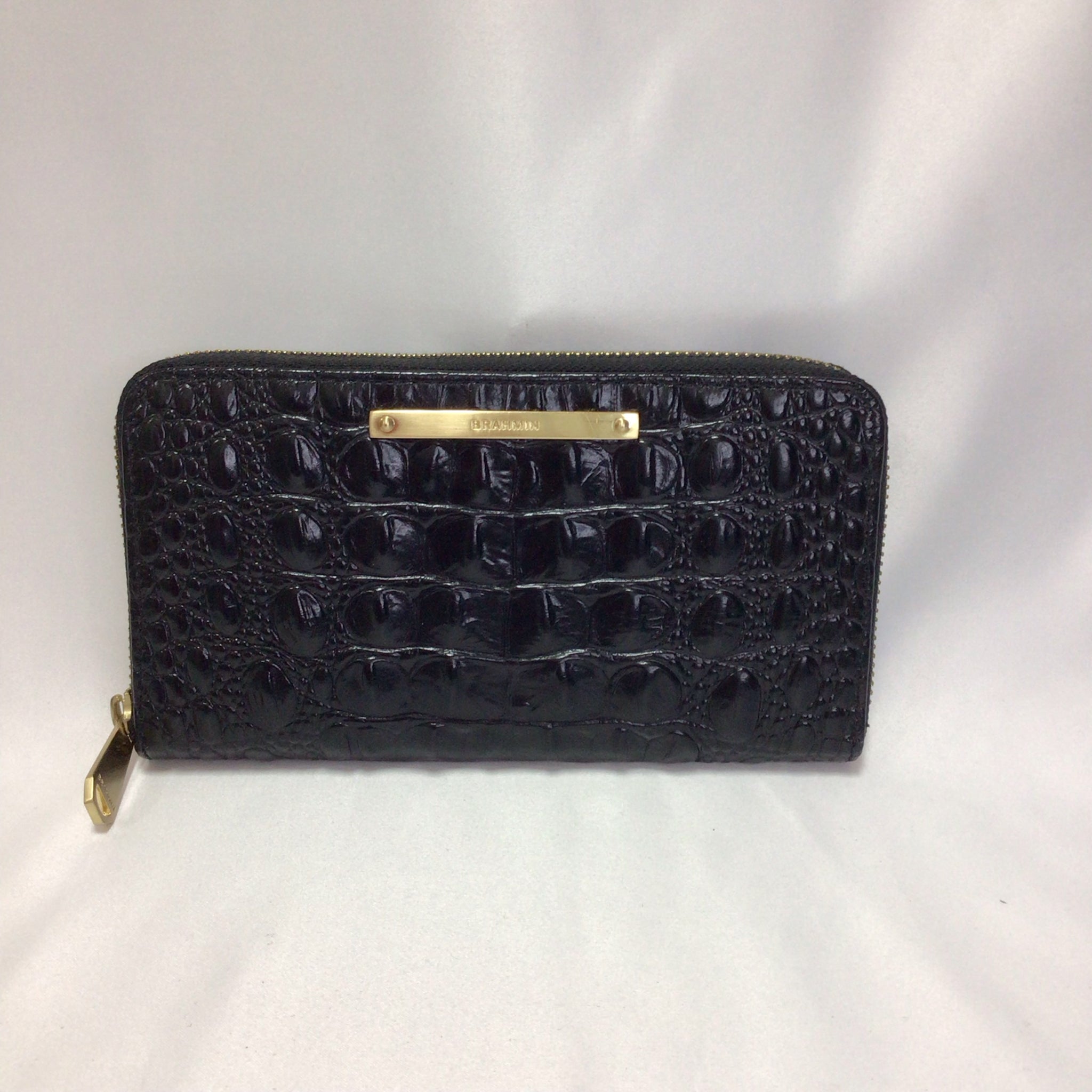 Brahmin Croc Embossed Black Leather Zip Around Wallet