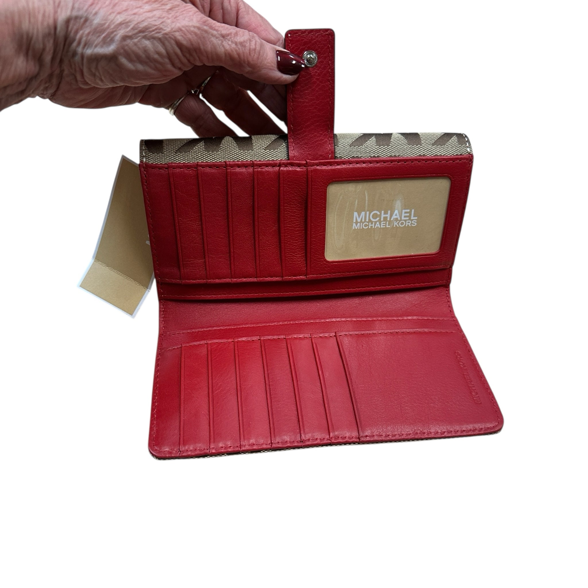 Michael Kors Brookville Tan Red Leather & Canvas Wallet