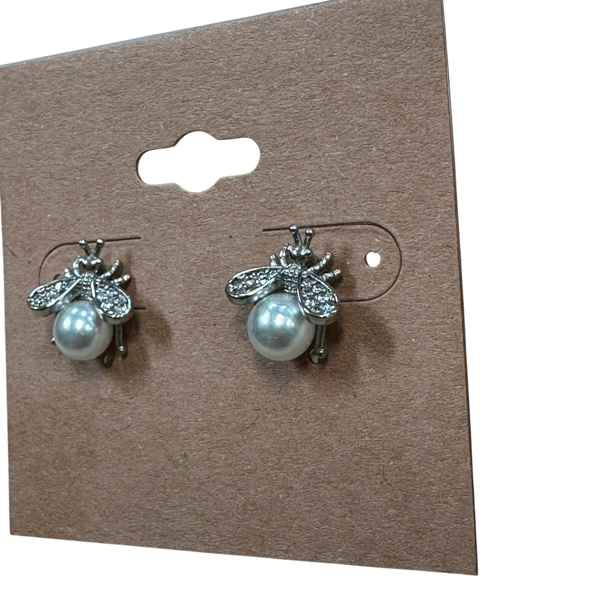 Silver Plated Rhinestone Pearl Bumble Bee Post Earrings