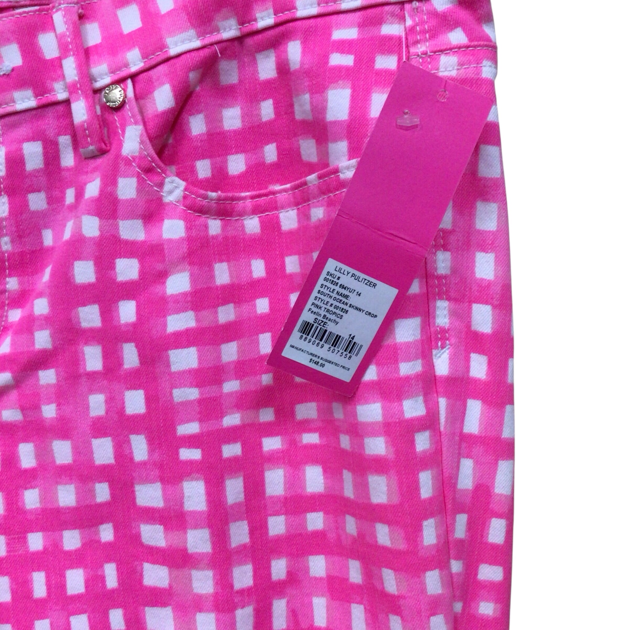 Lilly Pulitzer South Ocean Pink & White Plaid Skinny Crop Pants Size 14