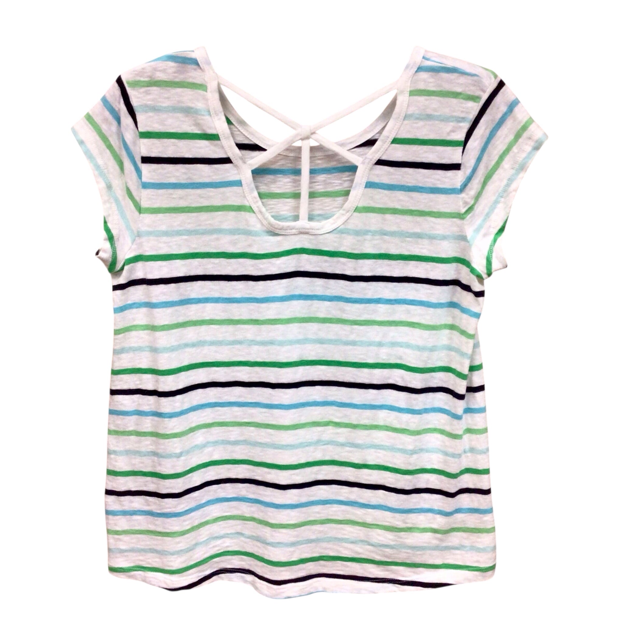 Talbots Black Green & Blue Striped Short Sleeve Top Size Petite Small