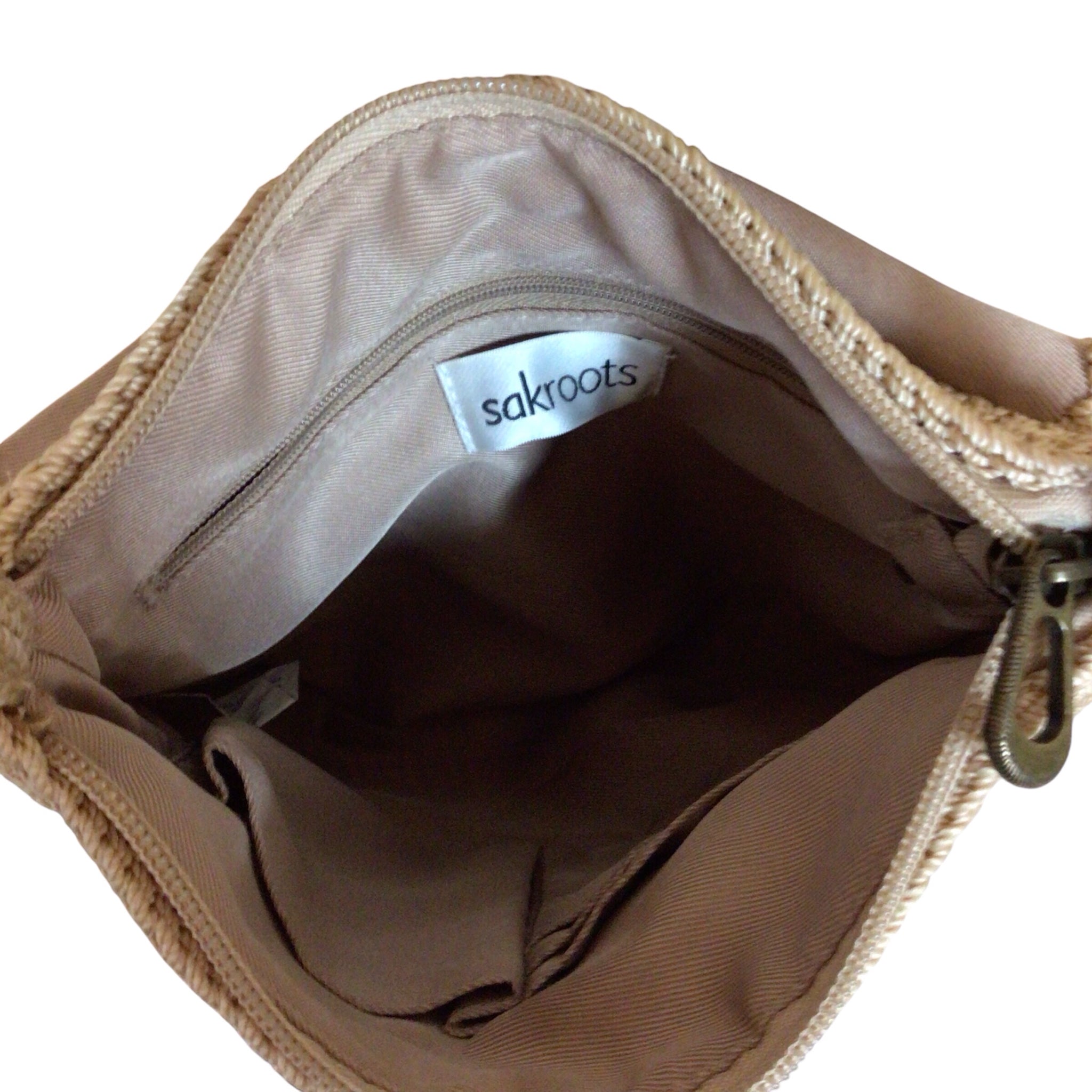 Sakroots Crochet Tan Crossbody Bag with Owl on Front