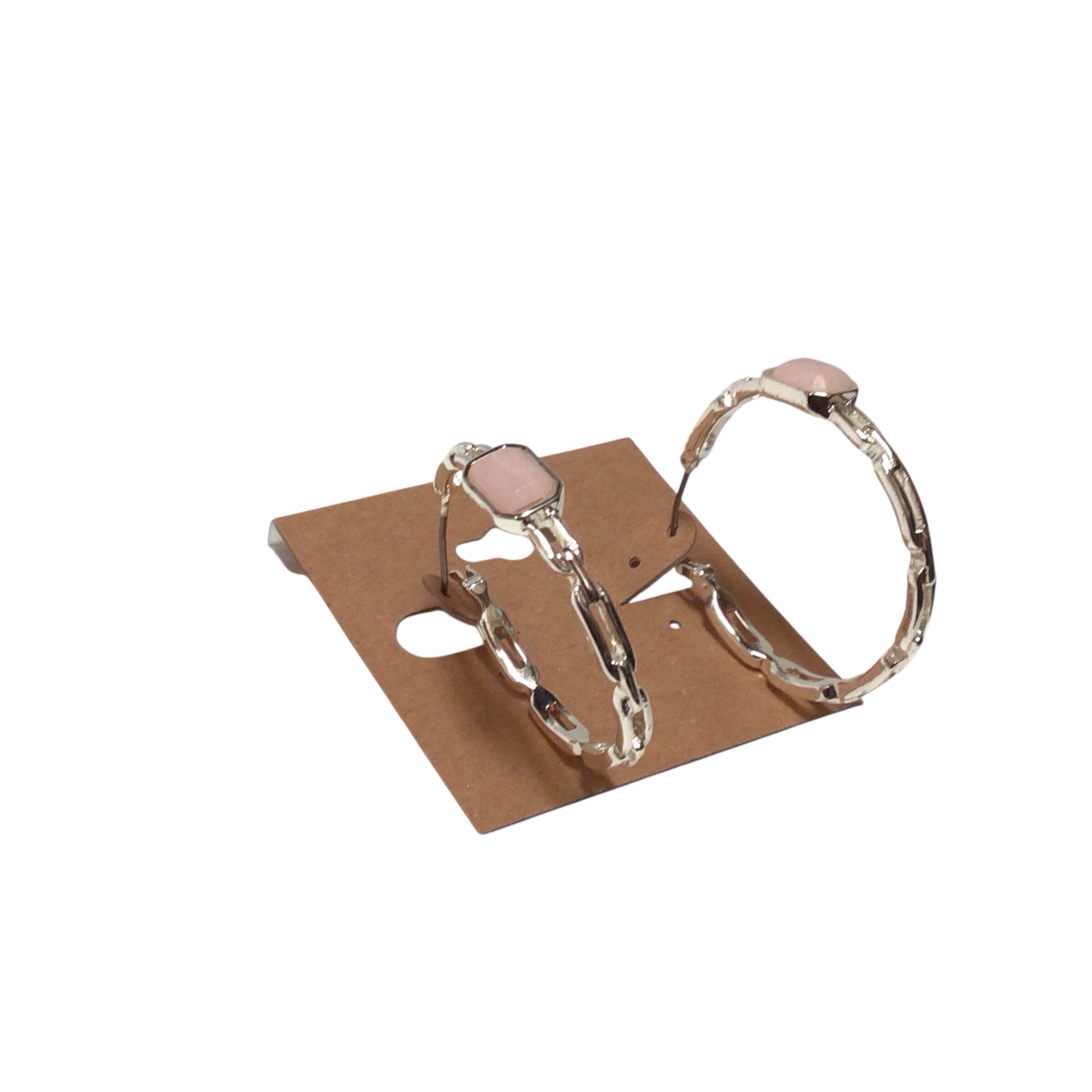 Silver Tone & Pink Gemstone Hoop Earrings