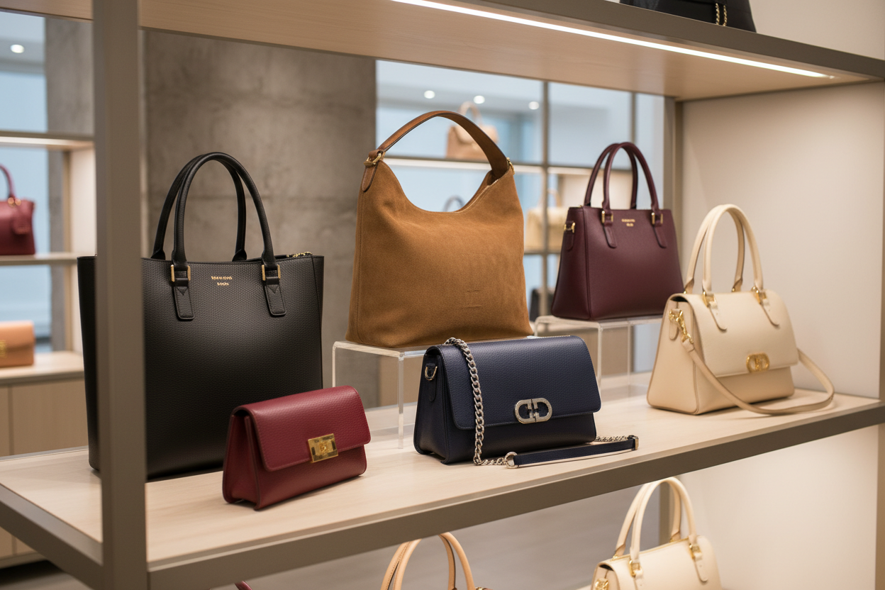 various designer handbags on a store shelf